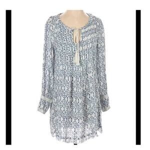 Free People Women's Geometric Long Sleeve Boho Mini Dress White Blue Small